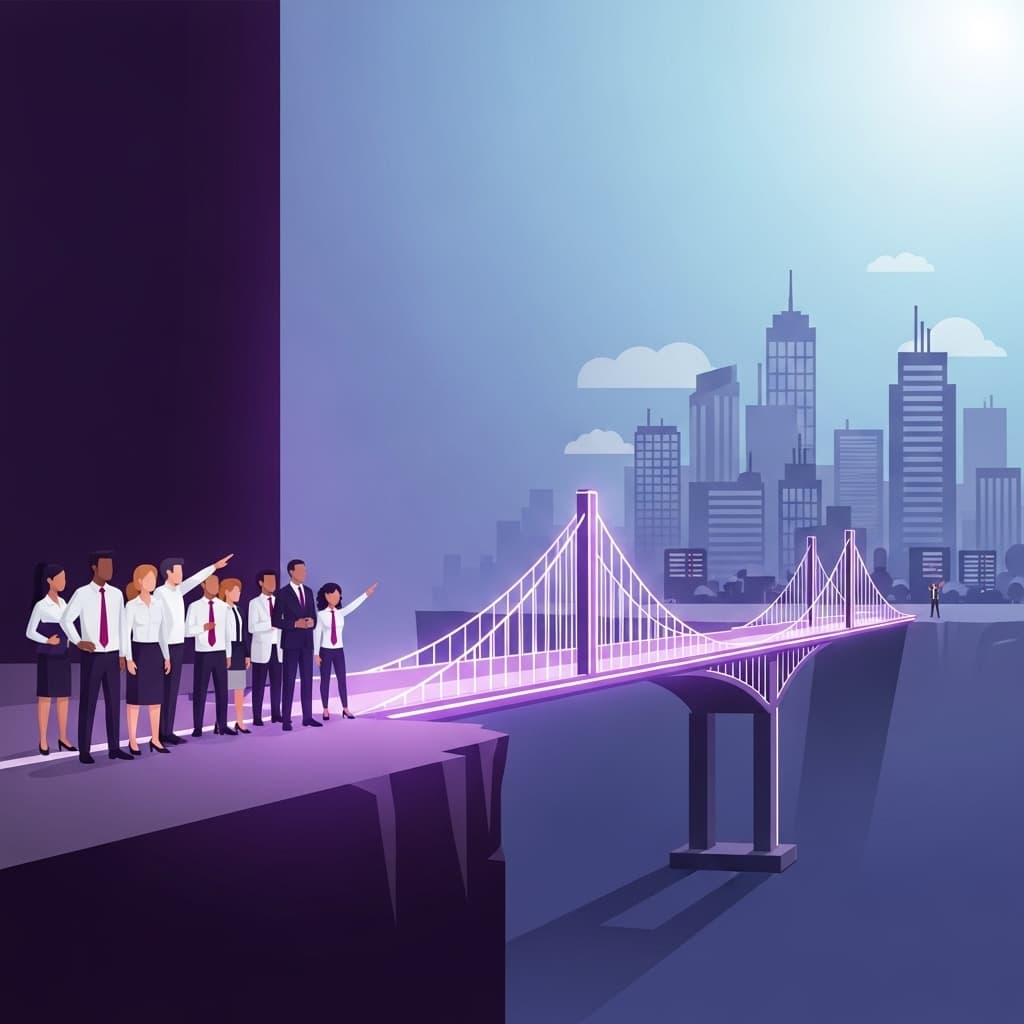 Professionals looking across a bridge to a city, representing career opportunity through Duduintech training.
